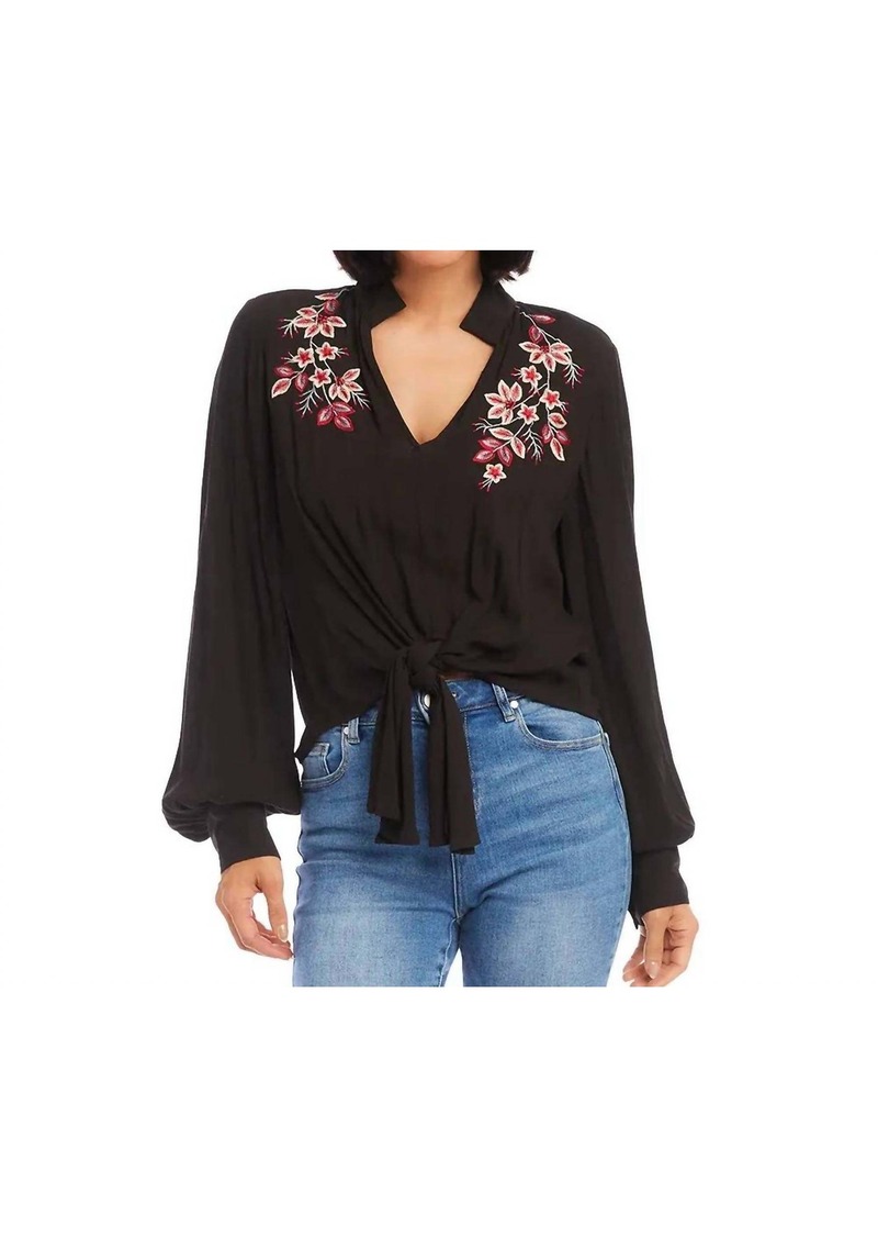 Karen Kane Embroidered Tie Front Top In Black