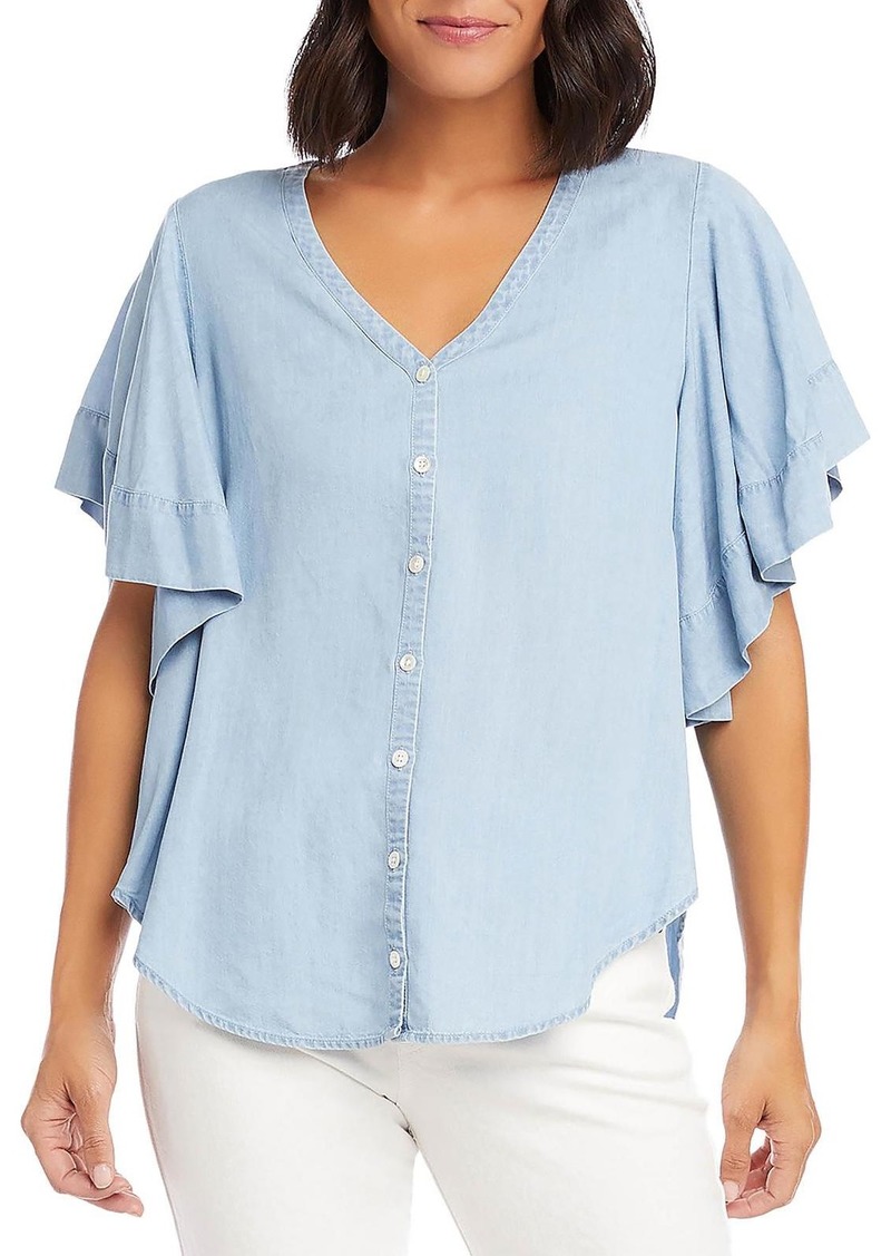 Karen Kane Flutter Sleeve Top Womens Hi-Low V-Neck Button-Down Top