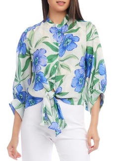 Karen Kane Floral Tie Front Linen Button-Up Top