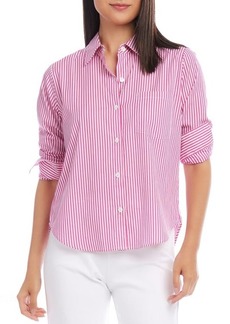 Karen Kane Stripe Ruched Sleeve Cotton Button-Up Shirt