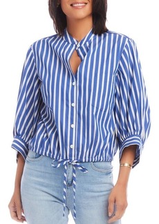 Karen Kane Stripe Tie Hem Cotton Blend Button-Up Shirt