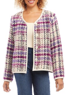 Karen Kane Majestic Magenta Womens Boucle Plaid Cardigan Sweater