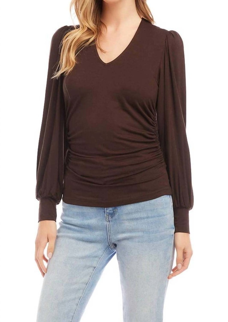 Karen Kane Shirred V-Neck Top In Brown