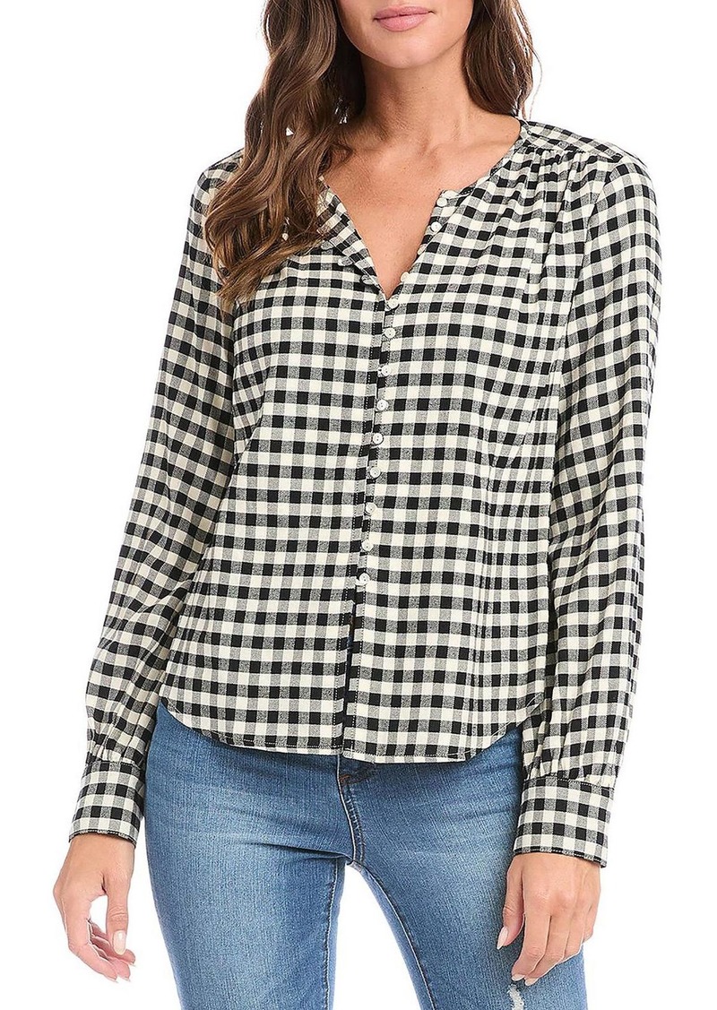 Karen Kane Womens Ginham Check Print Button-Down Top