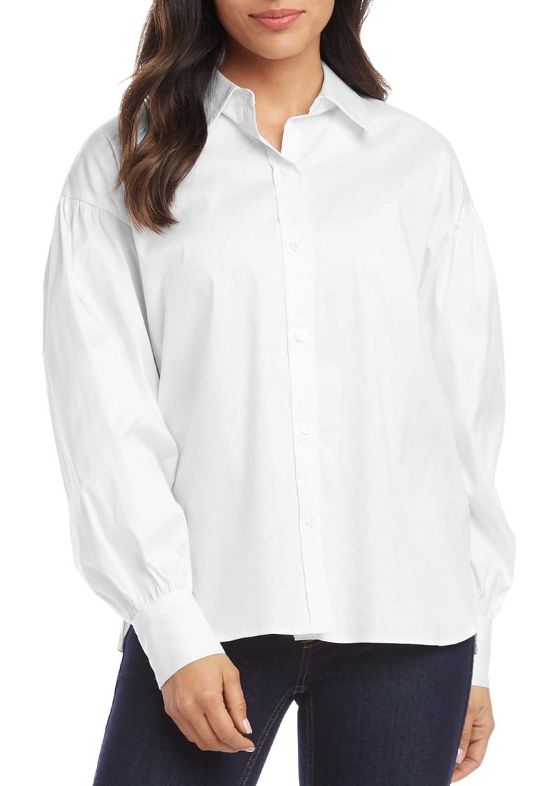 Karen Kane Womens Shirred Blouson Sleeve Button-Down Top