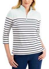 Karen Scott 3/4-Sleeve Stripe Zip-Neck Top, Created for Macy's