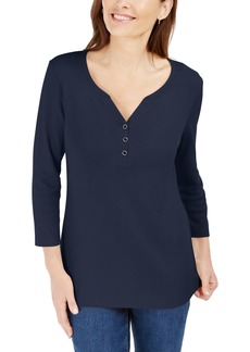 Karen Scott Petite 3/4-Sleeve Henley Shirt, Created for Macy's - Intrepid Blue