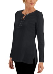 Karen Scott Lace-Up Vented-Hem Top, Created for Macy's