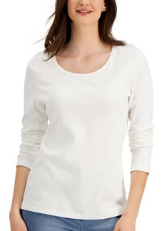 Karen Scott Long Sleeve Cotton Scoop-Neckline Top, Created for Macy's - Bright White