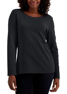 Karen Scott Petite Long Sleeve Cotton Scoop-Neckline Top, Created for Macy's - Deep Black