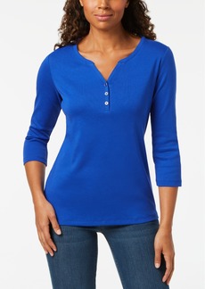 Karen Scott Petite 3/4-Sleeve Henley Shirt, Created for Macy's - Ultra Blue