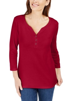 Karen Scott Petite 3/4-Sleeve Henley Shirt, Created for Macy's - New Red Amore