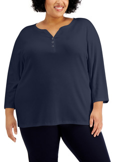Karen Scott Plus Size 3/4-Sleeve Henley Top, Created for Macy's - Intrepid Blue
