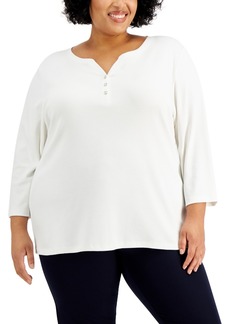 Karen Scott Plus Size 3/4-Sleeve Henley Top, Created for Macy's - Bright White