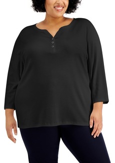 Karen Scott Plus Size 3/4-Sleeve Henley Top, Created for Macy's - Deep Black