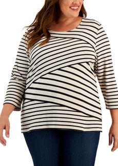 Karen Scott Plus Size 3/4-Sleeve Striped Top, Created for Macy's - Pebble
