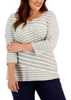 Karen Scott Plus Size 3/4-Sleeve Striped Top, Created for Macy's - Smoke Grey Heather