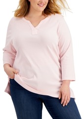 Karen Scott Plus Size Cotton Split-Neck Top, Created for Macy's