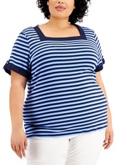 Karen Scott Plus Size Cotton Striped Square-Neck Top, Created for Macy's