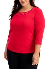 Karen Scott Plus Size Embellished 3/4-Sleeve Cotton Top, Created for Macy's