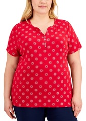 Karen Scott Plus Size Glitter Sun-Print Henley T-Shirt, Created for Macy's