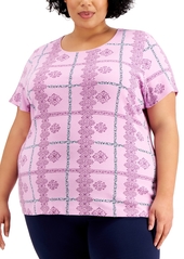 Karen Scott Plus Size Lace-Print Plaid Top, Created for Macy's