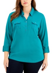Karen Scott Plus Size Solid V-Neck Woven Top, Created for Macy's