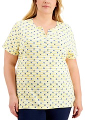 Karen Scott Plus Size Striped Star-Print Henley T-Shirt, Created for Macy's