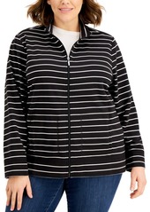 Karen Scott Plus Size Striped Zippered Sweatshirt, Created for Macy's