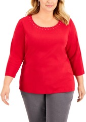 Karen Scott Plus Size Studded Scallop-Trim Top, Created for Macy's
