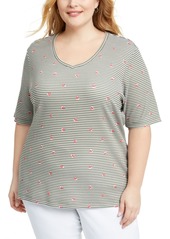 Karen Scott Plus Size Watermelon-Print Striped Top, Created for Macy's