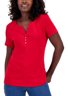 Karen Scott Short Sleeve Henley Top, Created for Macy's - New Red Amore