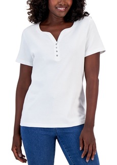 Karen Scott Petite Cotton Henley Top, Created for Macy's - Bright White