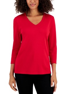 Karen Scott V-Neck 3/4-Sleeve Top, Created for Macy's - New Red Amore