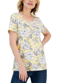 Karen Scott Women's Papercut Floral Scoop-Neck Short-Sleeve Top, Created for Macy's