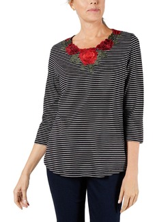 Karen Scott Womens Striped Embroidered Pullover Top