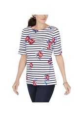 Karen Scott Womens Striped Floral T-Shirt