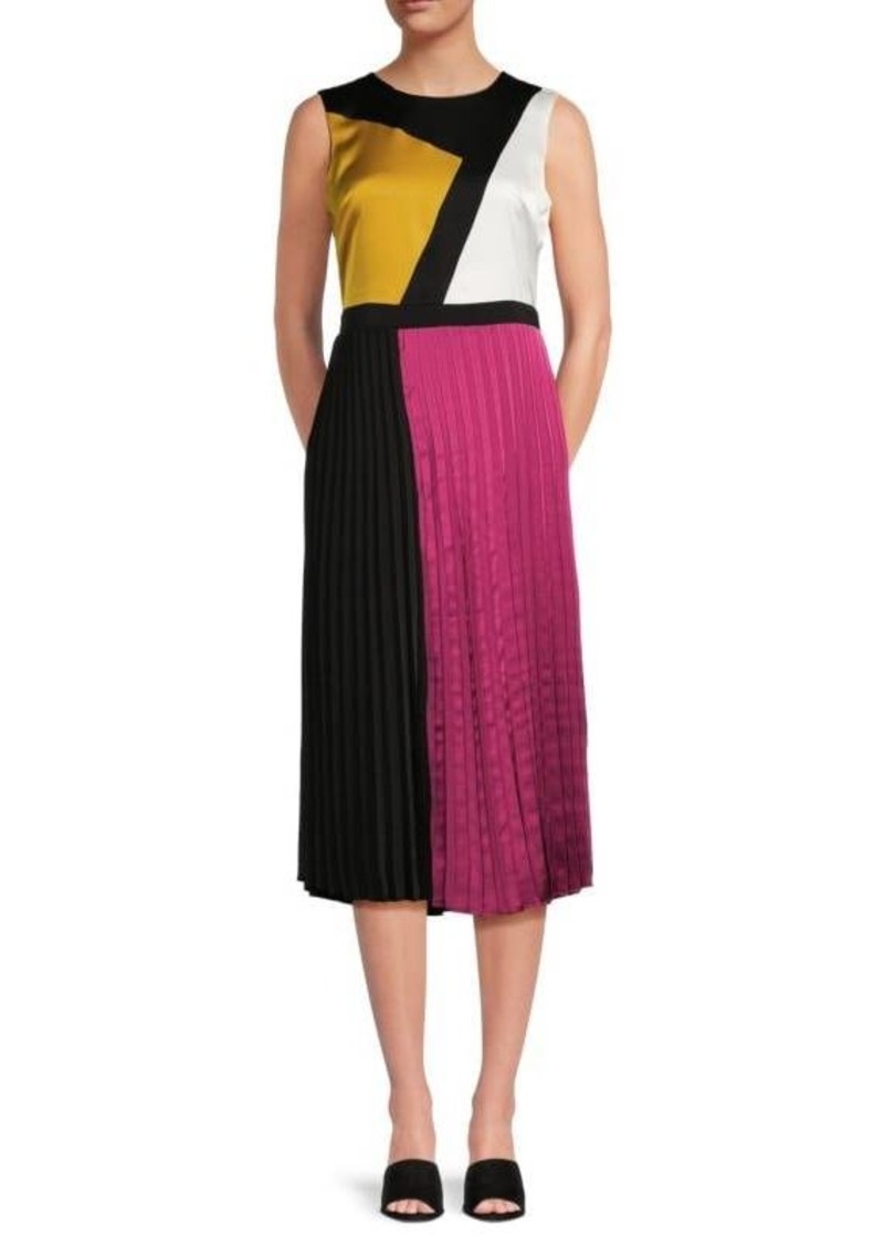 Karl Lagerfeld Colorblock Accordion Pleat Satin Midi Dress