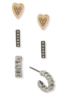 KARL LAGERFELD 3-Piece Crystal Stud & Huggie Hoop Earrings Set in Silver/Gold/Crystal at Nordstrom Rack