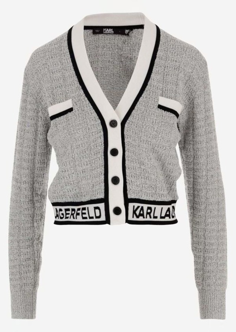 KARL LAGERFELD CROPPED CARDIGAN IN BOUCLÉ FABRIC WITH LOGO