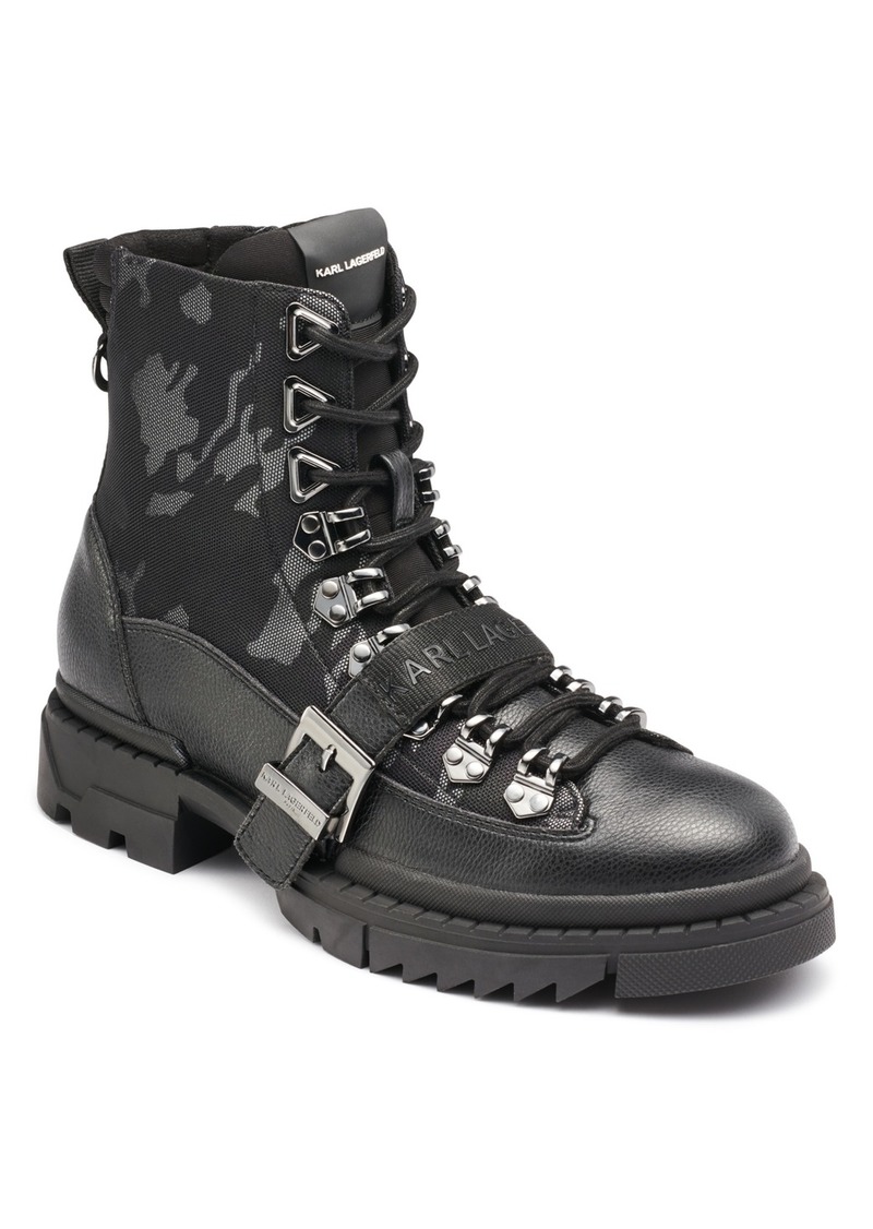 Karl Lagerfeld Men's Camo Front Logo Strap Buckle Lug Sole Boot - Black, Charcoal