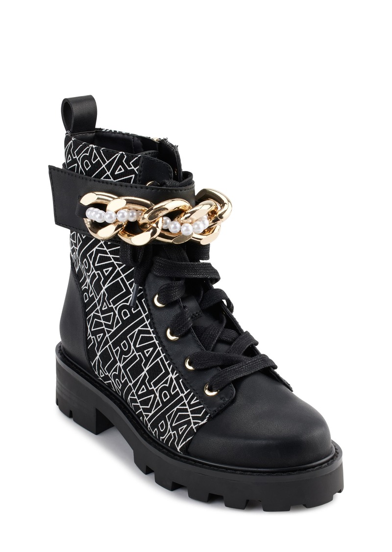 Karl Lagerfeld Paris Curb Chain Lug Sole Combat Boot in Black/White at Nordstrom Rack