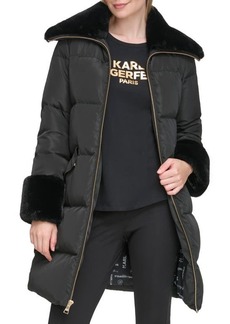 Karl Lagerfeld Paris Down & Feather Puffer Coat with Faux Fur Trim
