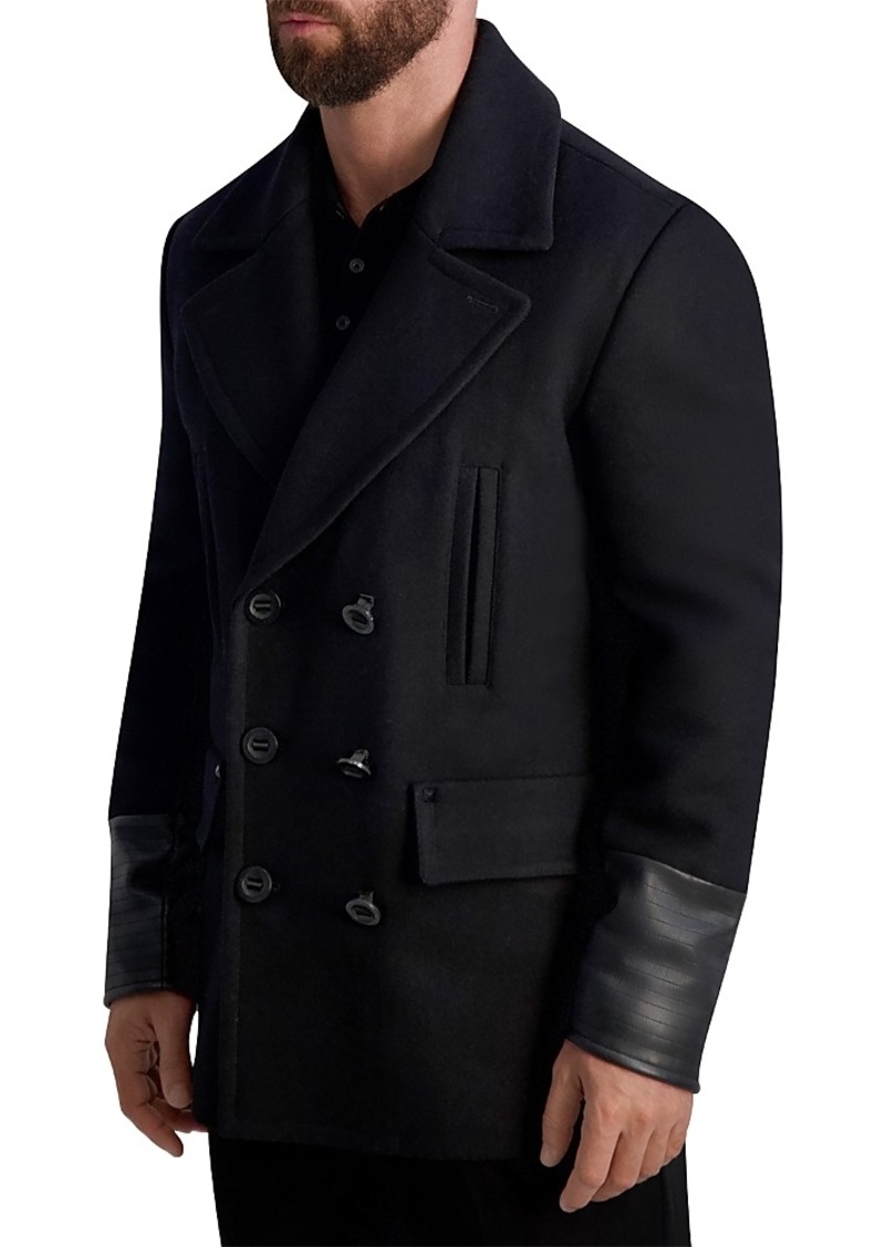 Karl Lagerfeld Paris Faux Leather Trimmed Regular Fit Double Breasted Peacoat