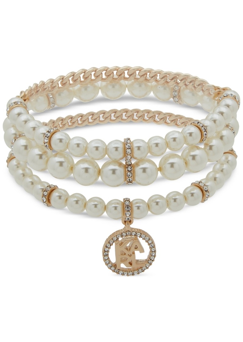 Karl Lagerfeld Paris Gold-Tone 3-Pc. Set Pave Logo & Imitation Pearl Stretch Bracelets - Pearl