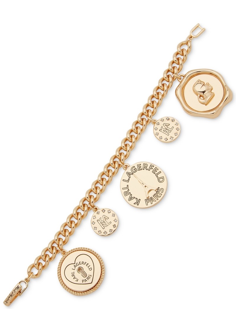 Karl Lagerfeld Paris Gold-Tone Crystal Coin Logo Charm Link Bracelet - Crystal Wh