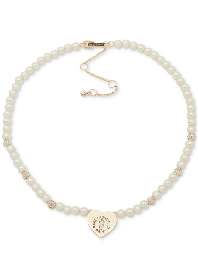 "Karl Lagerfeld Paris Gold-Tone Imitation Pearl Heart Logo Pendant Necklace, 16"" + 3"" extender - Pearl"