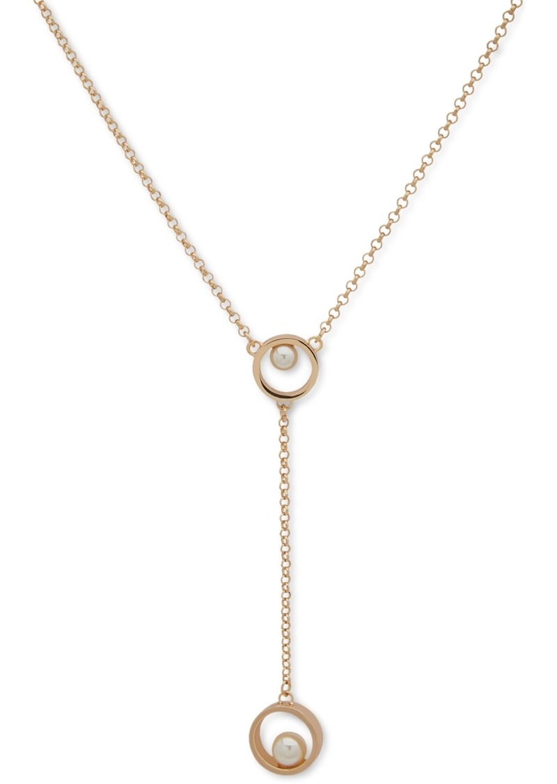 "Karl Lagerfeld Paris Gold-Tone Imitation Pearl Lariat Necklace, 16"" + 3"" extender - Pearl"