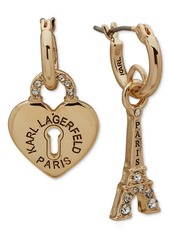 Karl Lagerfeld Paris Gold-Tone Pave Heart Padlock & Eiffel Towel Mismatch Charm Hoop Earrings - White