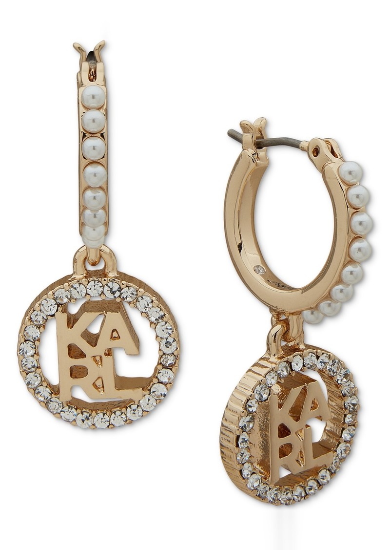 Karl Lagerfeld Paris Gold-Tone Pave Logo Charm Imitation Pearl Hoop Earrings - Pearl